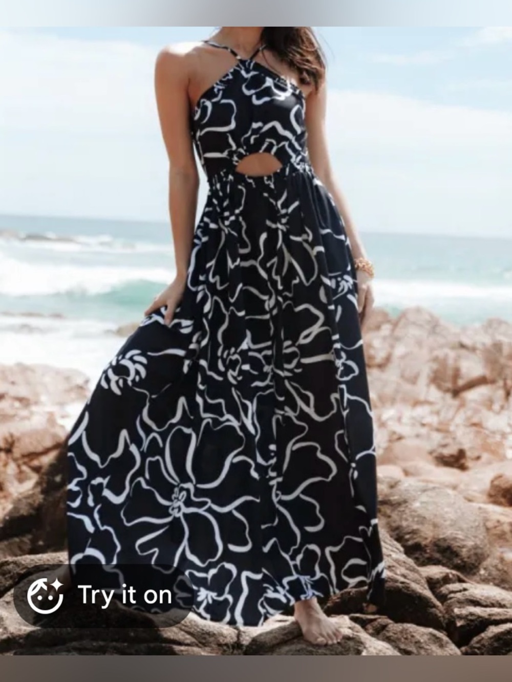 Black & White Floral Maxi Dress with Halter Neck